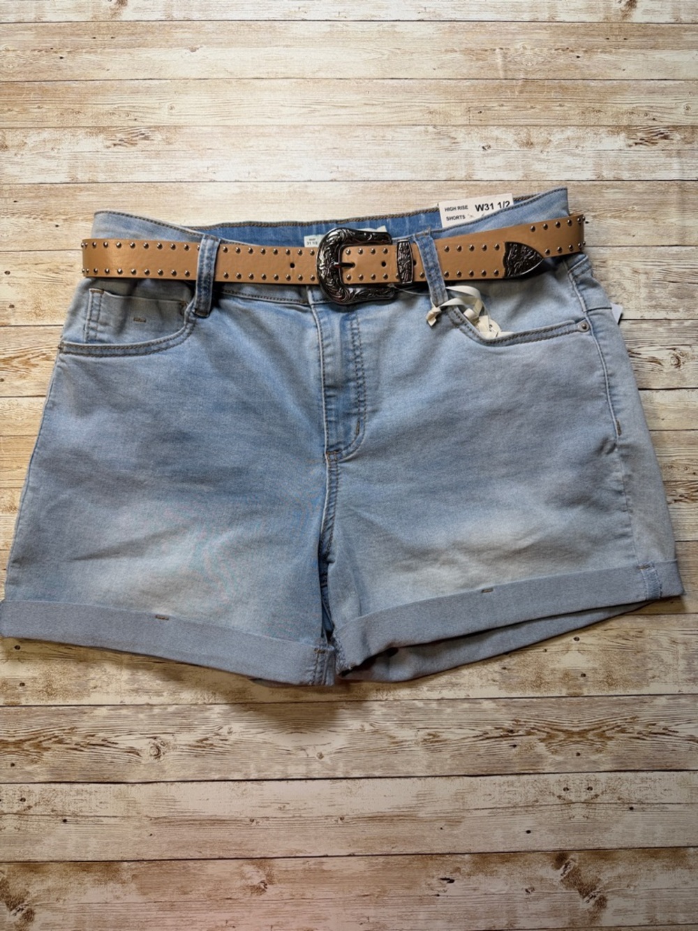 Waist 31 Dollhouse Light Blue Denim Cuffed Shorts with Tan Studded Belt